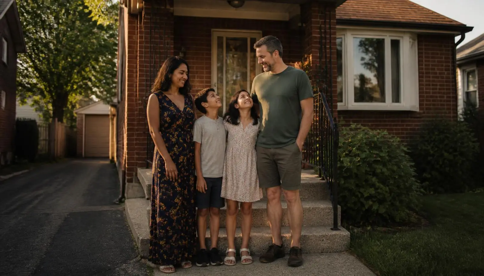 A family on the front steps of their two-storey brick home in late afternoon light