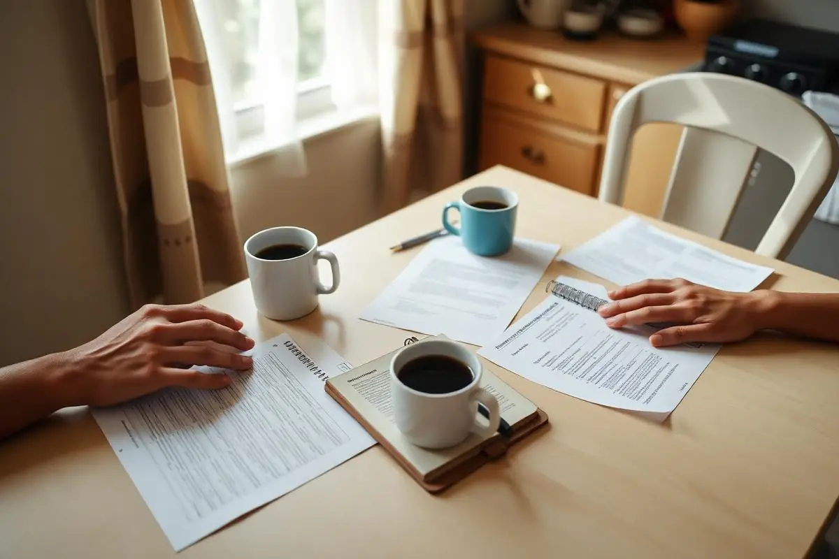 Two people going through program paperwork at a kitchen table with coffee
